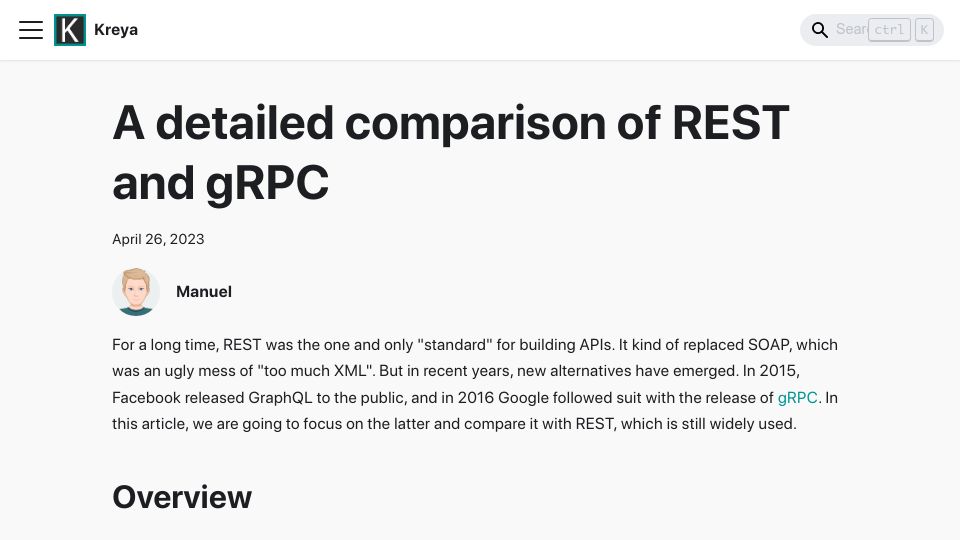 Screenshot of kreya.app: A detailed comparison of REST and gRPC
