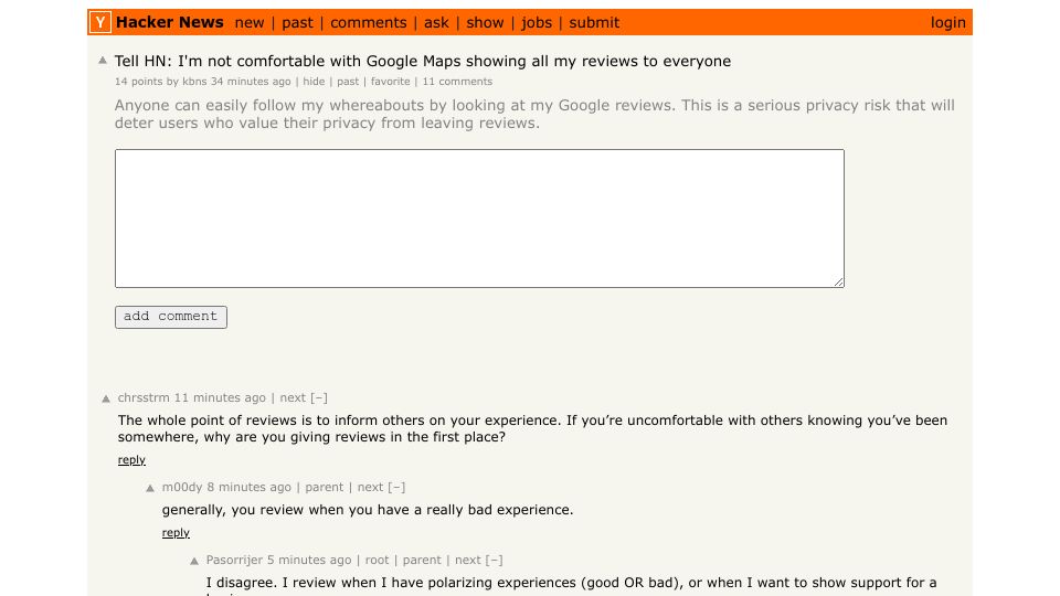 Screenshot of Hacker News post: Tell HN: I'm not comfortable with Google Maps showing all my reviews to everyone