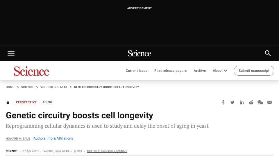Screenshot of science.org: Genetic circuitry boosts cell longevity