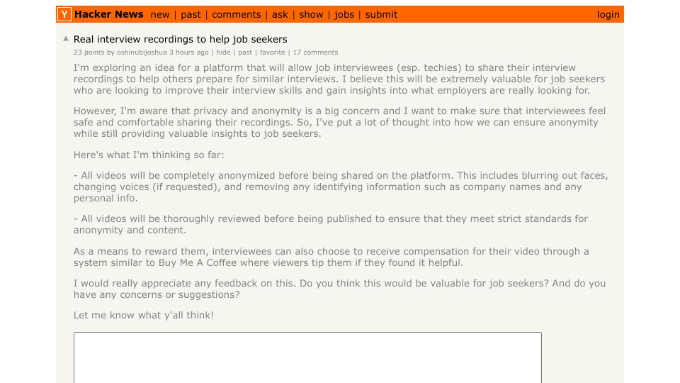 Screenshot of Hacker News post: Real interview recordings to help job seekers