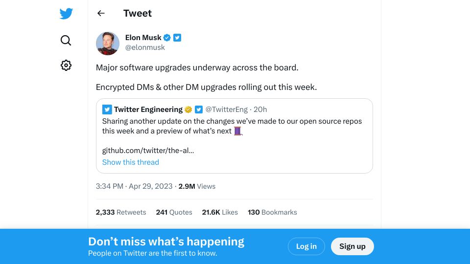 Screenshot of twitter.com: Encrypted DMs and other DM upgrades rolling out this week