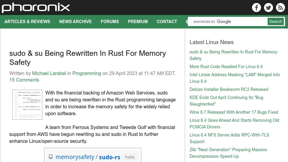 Screenshot of phoronix.com: sudo and su Being Rewritten in Rust for Memory Safety