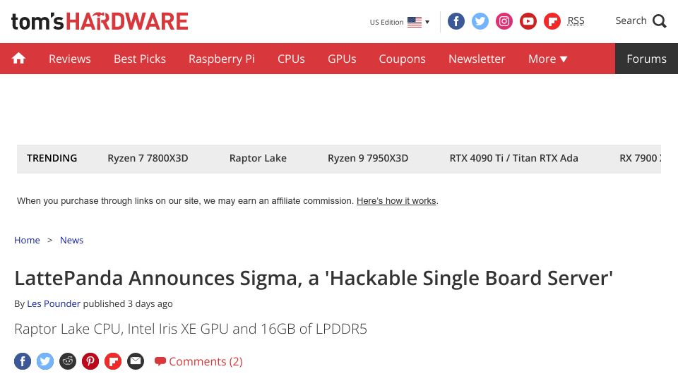 Screenshot of tomshardware.com: LattePanda Announces Sigma, a 'Hackable Single Board Server'