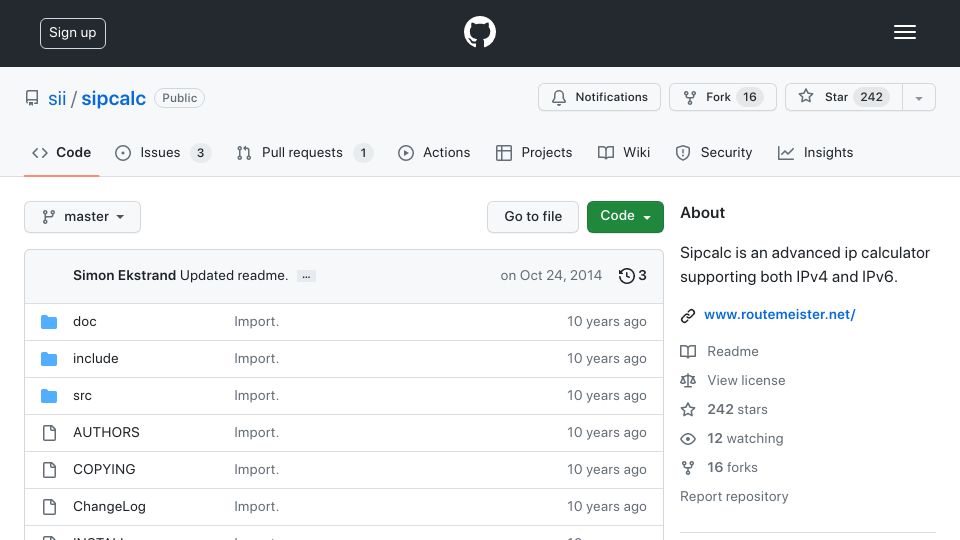 Screenshot of github.com: Sipcalc – An advanced IP calculator supporting both IPv4 and IPv6