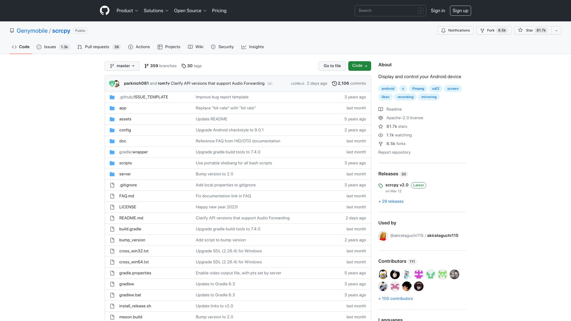 Screenshot of github.com: Scrcpy: Display and control your Android devices connected over USB or TCP/IP