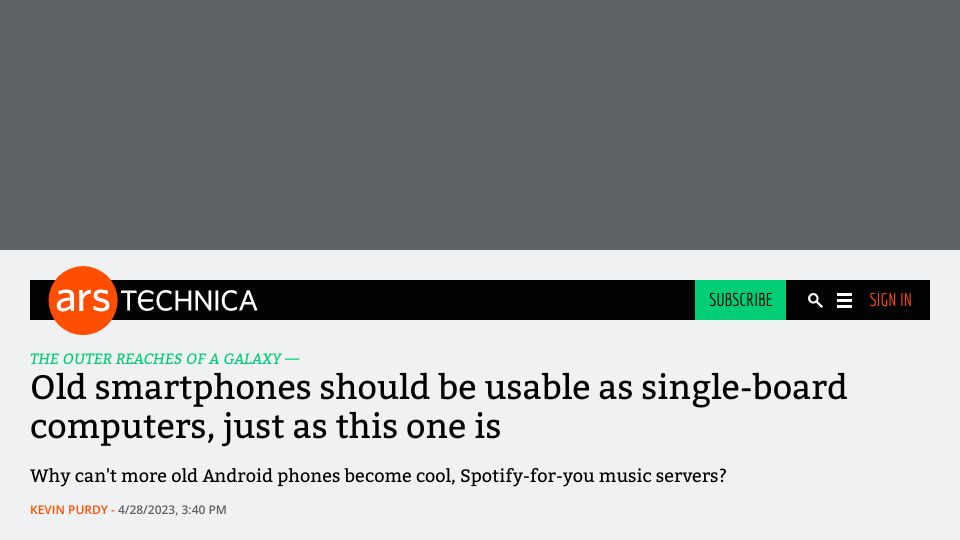 Screenshot of arstechnica.com: Old smartphones should be usable as single board computers, just like this one