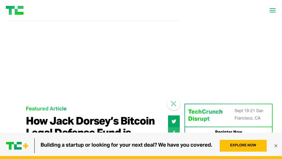 Screenshot of techcrunch.com: Bitcoin Legal Defense Fund is fighting for the future of open source software