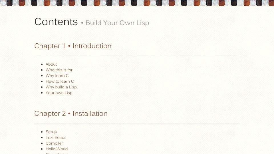 Screenshot of buildyourownlisp.com: Learn C and build your own Lisp (2014)