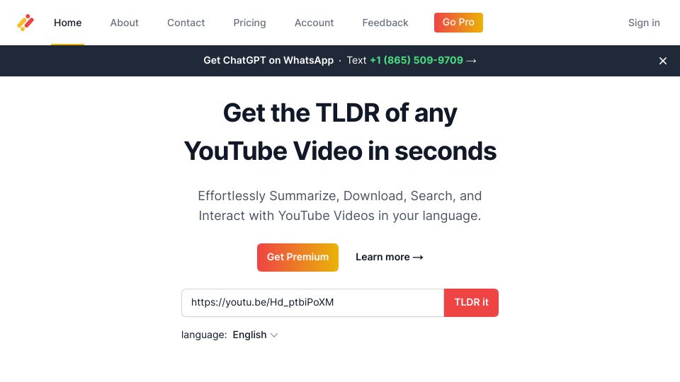 Screenshot of you-tldr.com: Get The TLDR Of Any YouTube Video