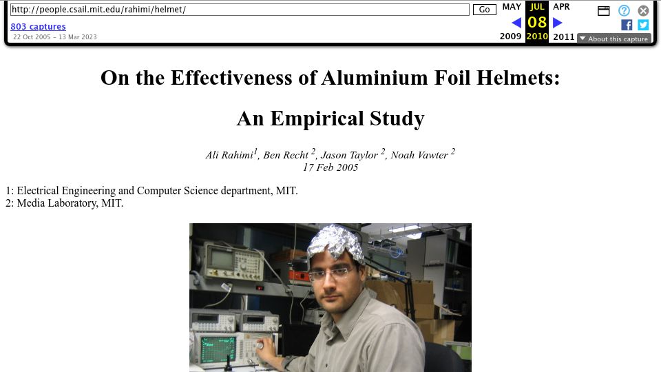 Screenshot of web.archive.org: On the Effectiveness of Aluminium Foil Helmets: An Empirical Study (2005)