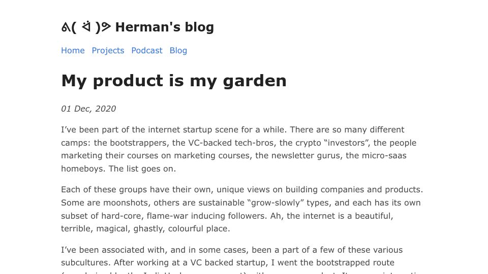 Screenshot of herman.bearblog.dev: My product is my garden (2020)