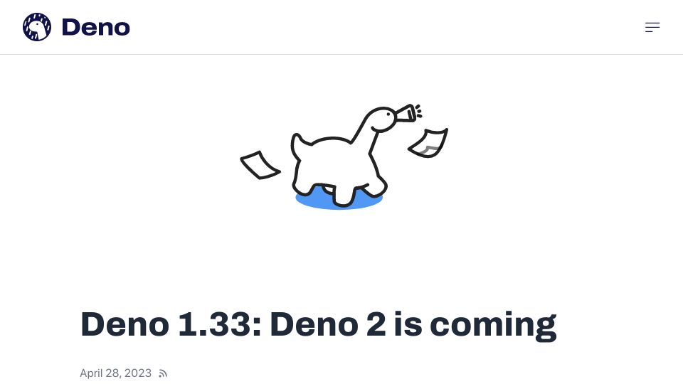 Screenshot of deno.com: Deno 1.33: Deno 2 is coming