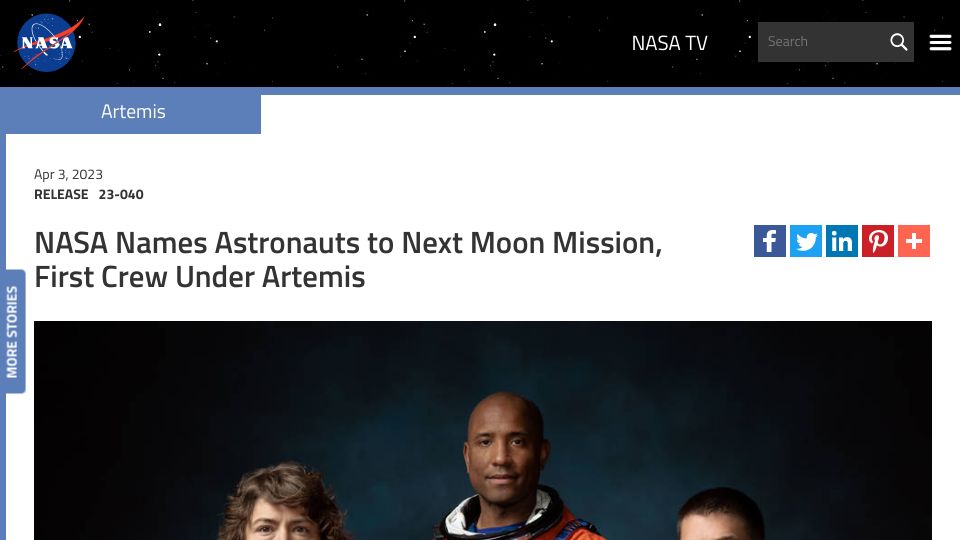 Screenshot of nasa.gov: NASA Names Astronauts to Next Moon Mission