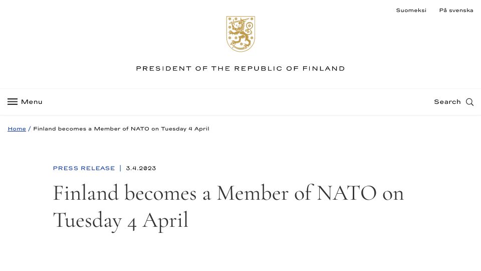 Screenshot of presidentti.fi: Finland Becomes a Member of NATO on Tuesday 4 April