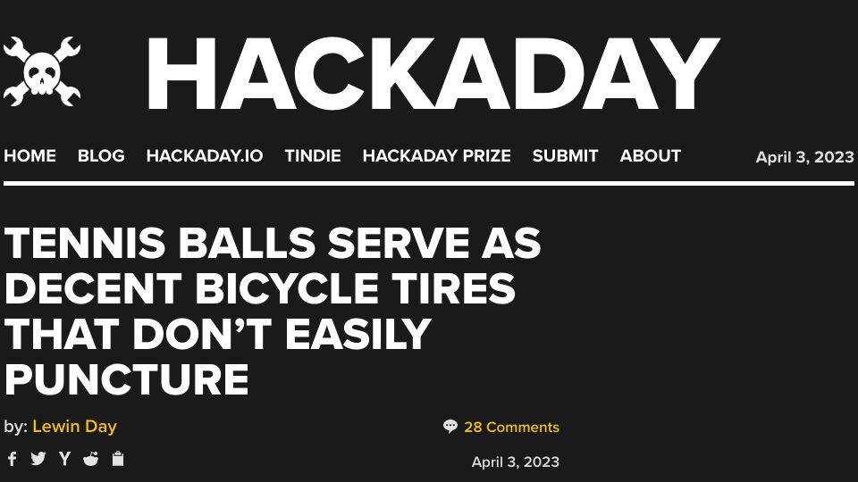 Screenshot of hackaday.com: Tennis Balls Serve as Decent Bicycle Tires That Don’t Easily Puncture