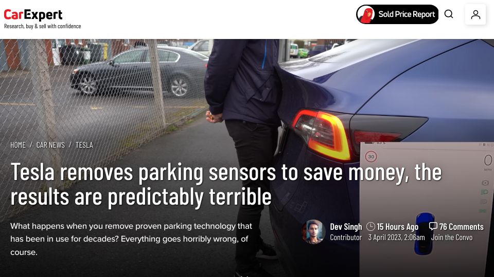 Screenshot of carexpert.com.au: Tesla removes parking sensors, the results are predictably terrible