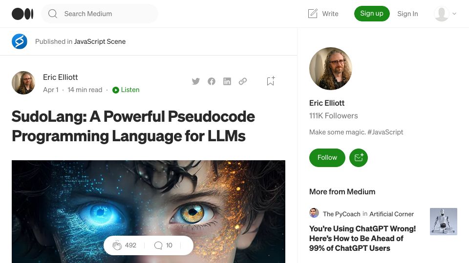 Screenshot of medium.com: SudoLang: A Powerful Pseudocode Programming Language for LLMs