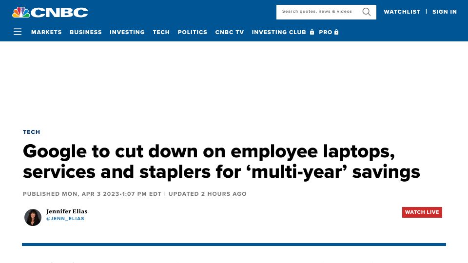 Screenshot of cnbc.com: Google to cut down on employee laptops, services and staplers
