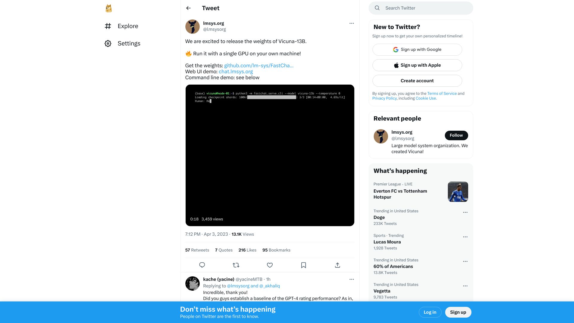 Screenshot of twitter.com: State-of-the-art open-source chatbot, Vicuna-13B, just released model weights