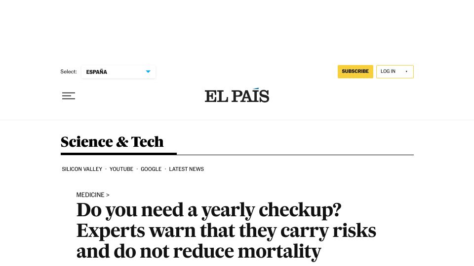 Screenshot of english.elpais.com: Experts warn yearly checkups carry risks and do not reduce mortality