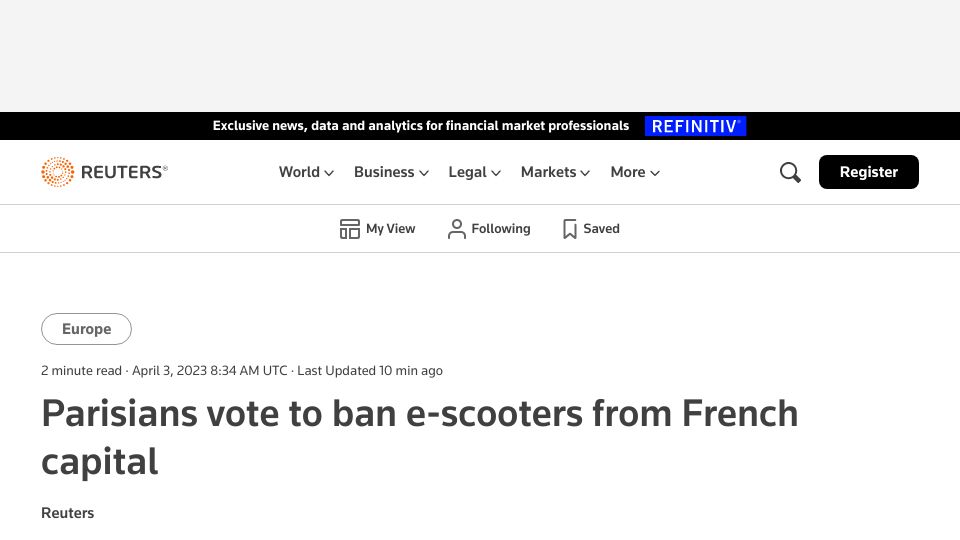 Screenshot of reuters.com: Parisians vote to ban e-scooters from French capital