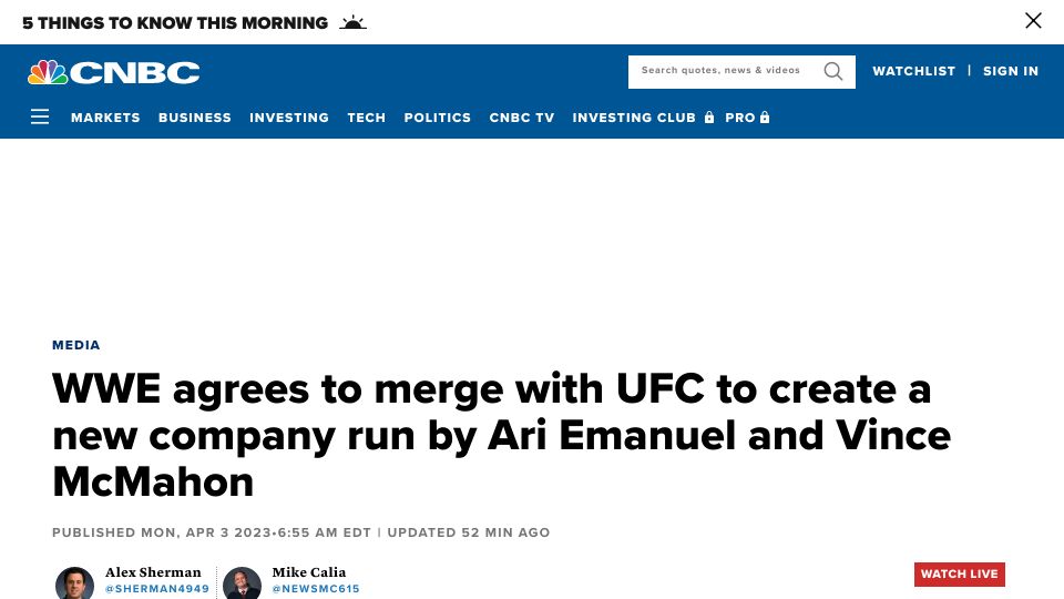 Screenshot of cnbc.com: WWE Agrees to Merge with UFC