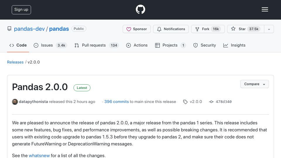 Screenshot of github.com: Pandas 2.0