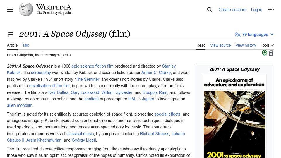 Screenshot of en.wikipedia.org: 2001: A Space Odyssey