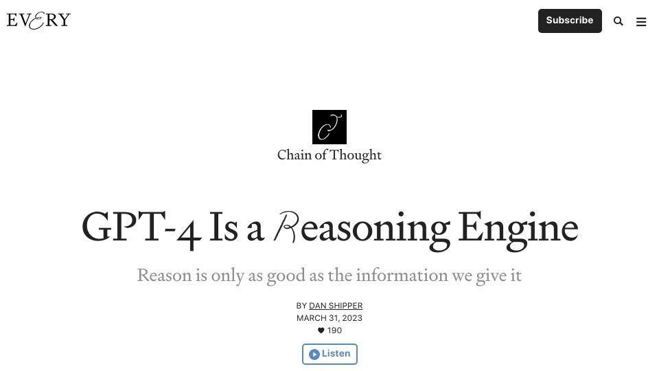 Screenshot of every.to: GPT-4 Is a Reasoning Engine