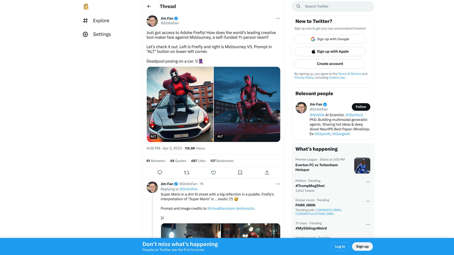 Screenshot of twitter.com: Adobe Firefly vs. MidJourney AI image generation