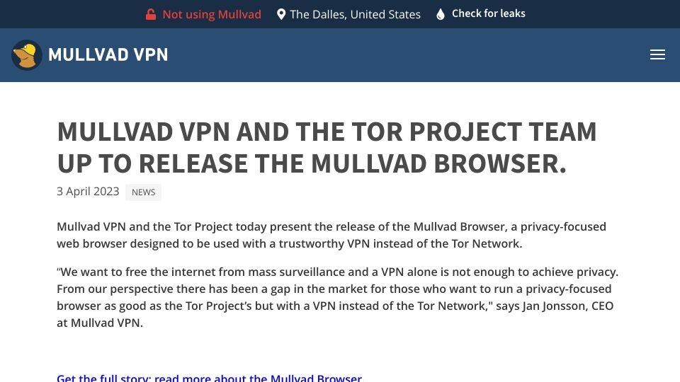 Screenshot of mullvad.net: Mullvad VPN and the Tor Project Team Up to Release the Mullvad Browser