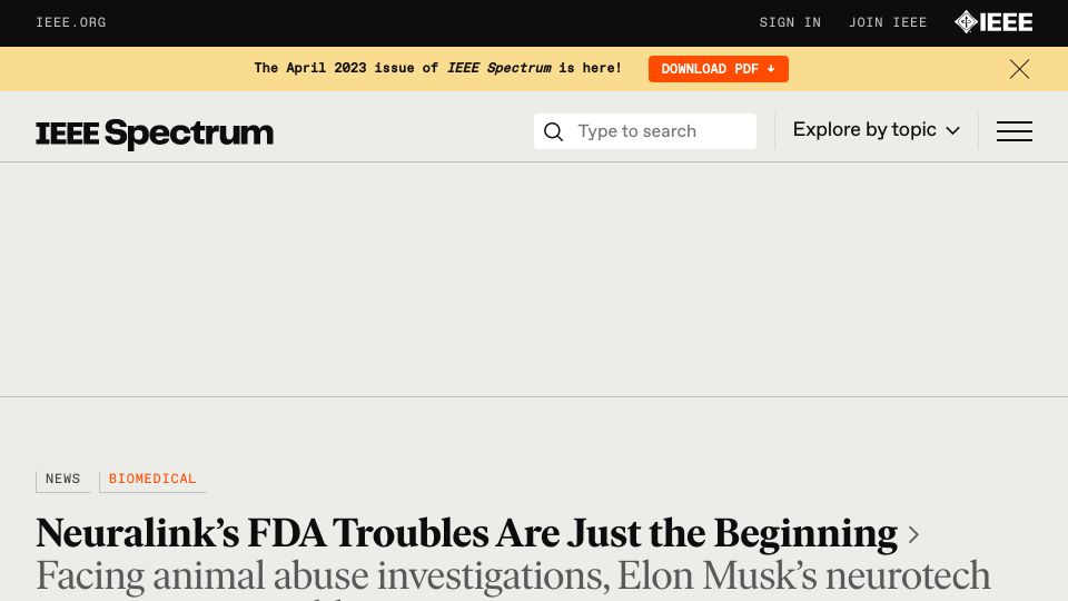 Screenshot of spectrum.ieee.org: Neuralink’s FDA troubles are just the beginning
