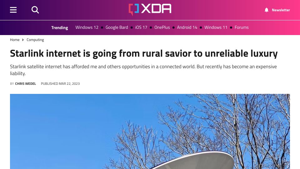 Screenshot of xda-developers.com: Starlink internet is going from rural savior to unreliable luxury