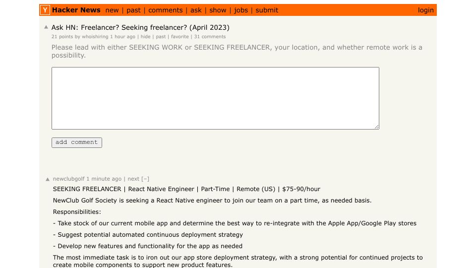 Screenshot of Hacker News post: Ask HN: Freelancer? Seeking freelancer? (April 2023)