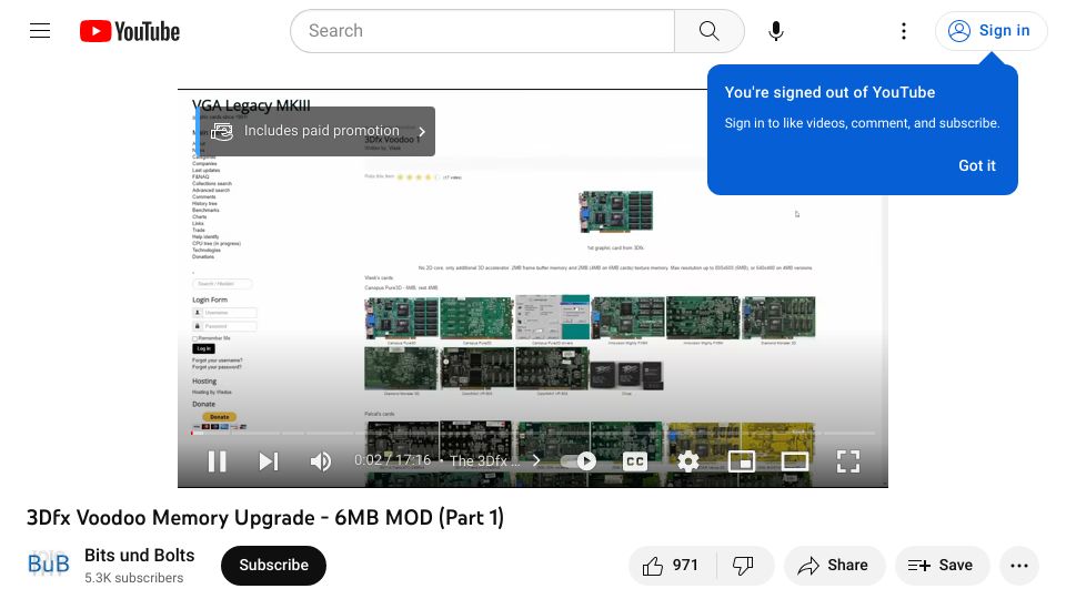 Screenshot of youtube.com: 3Dfx Voodoo Memory Upgrade – 6MB Mod [video]