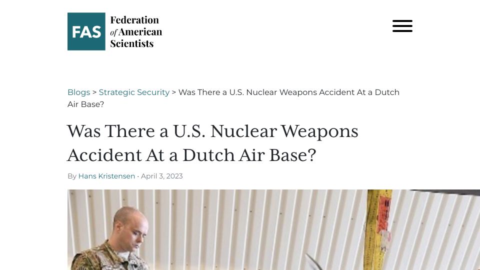 Screenshot of fas.org: Was there a U.S. nuclear weapons accident at a Dutch air base?