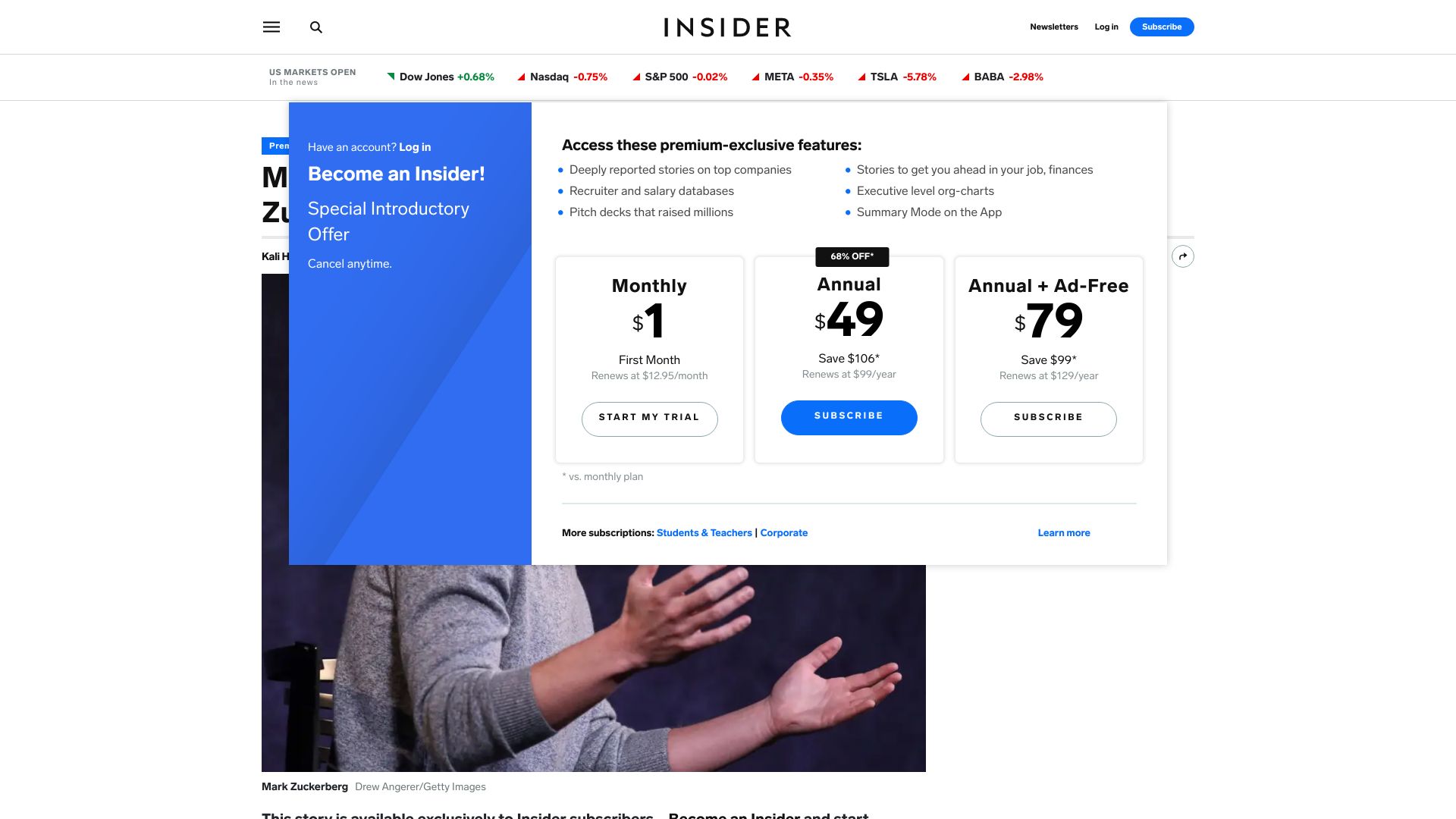 Screenshot of businessinsider.com: Meta stops offering remote work in new job postings