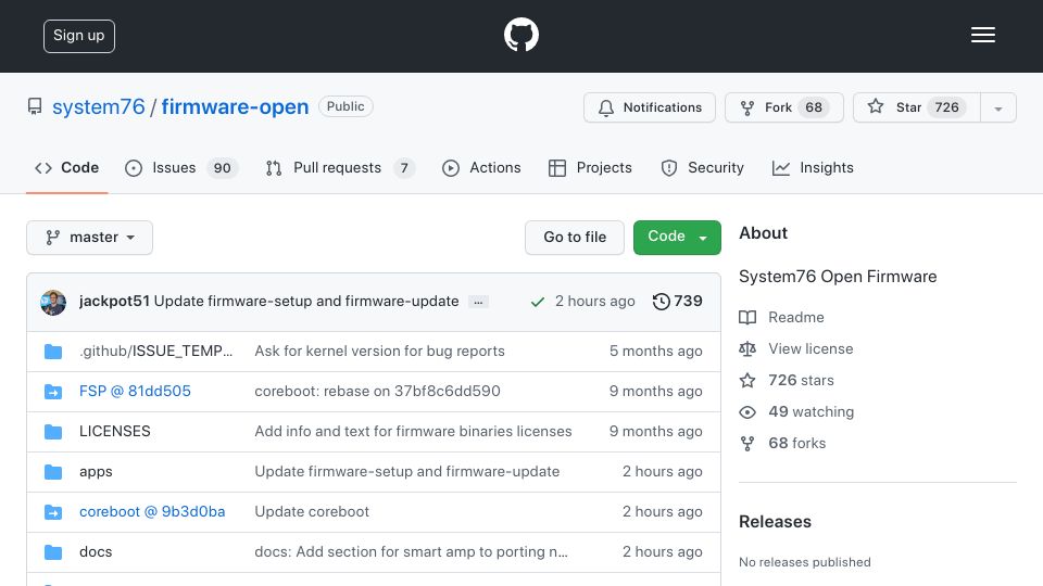 Screenshot of github.com: System76 Open Firmware