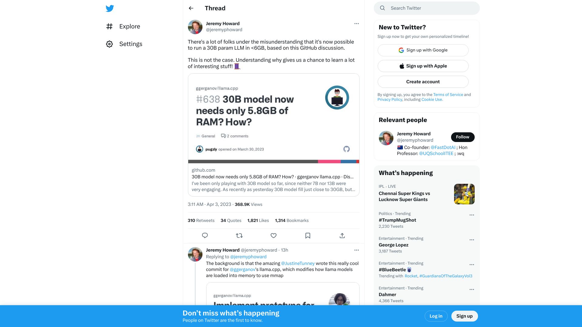 Screenshot of twitter.com: Why MMAP in llama.cpp hides true memory usage