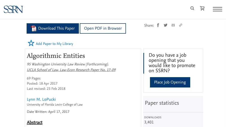 Screenshot of papers.ssrn.com: Algorithmic Entities (2017)