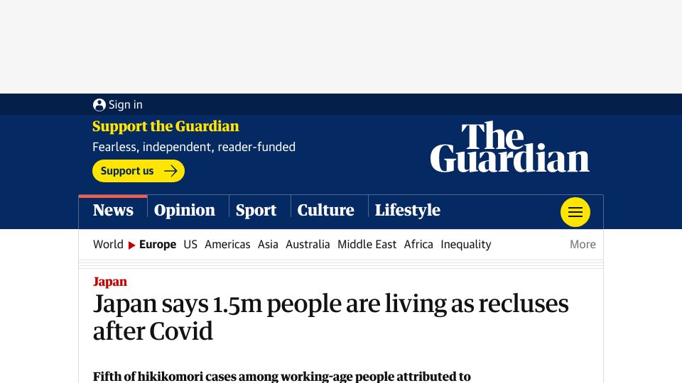 Screenshot of theguardian.com: Japan Says 1.5M Living as Recluses After Pandemic