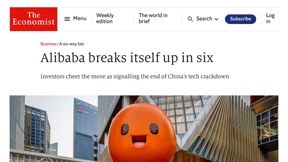 Screenshot of economist.com: Alibaba breaks itself up in six