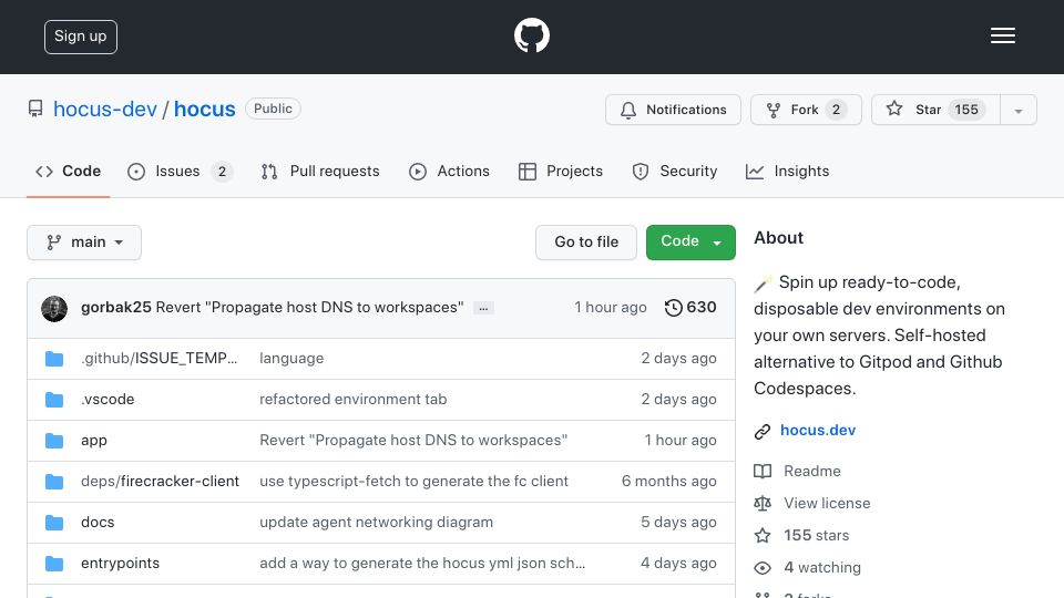 Screenshot of github.com: Show HN: Hocus – self-hosted alternative to GitHub Codespaces using Firecracker