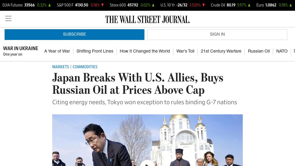 Screenshot of wsj.com: Japan Breaks with U.S. Allies, Buys Russian Oil at Prices Above Cap