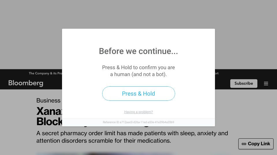 Screenshot of bloomberg.com: Xanax and Adderall Access Is Being Blocked by Secret Drug Limits