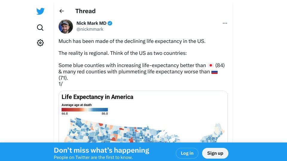 Screenshot of twitter.com: Life expectancy in the U.S. varies greatly by region