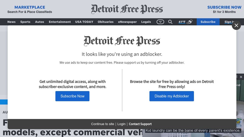 Screenshot of freep.com: Ford to drop AM radio in new models, except commercial vehicles