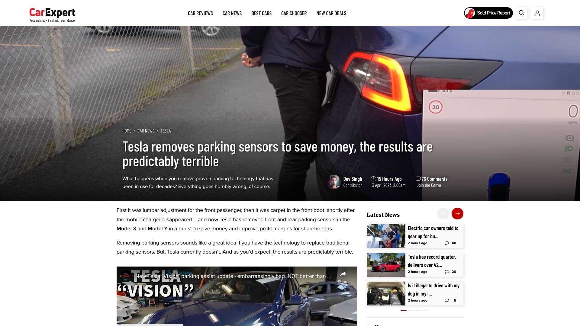 Screenshot of carexpert.com.au: Tesla removes parking sensors, the results are predictably terrible