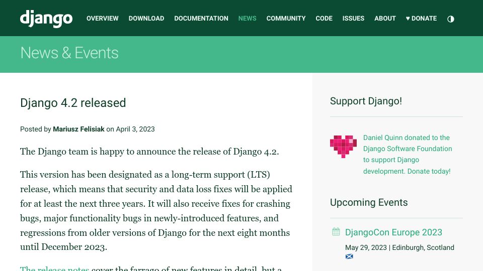 Screenshot of djangoproject.com: Django 4.2 Released