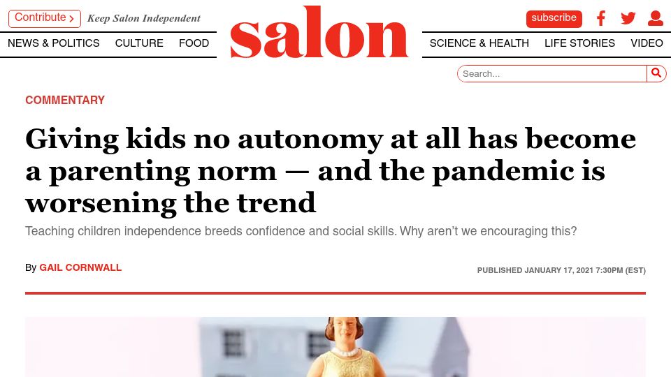 Screenshot of salon.com: Giving kids no autonomy at all has become a parenting norm